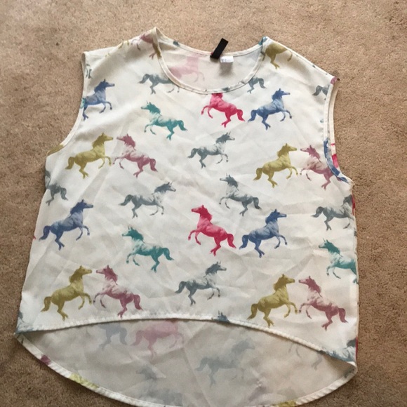 Divided Tops - Sheer white top with multi-colored horse design